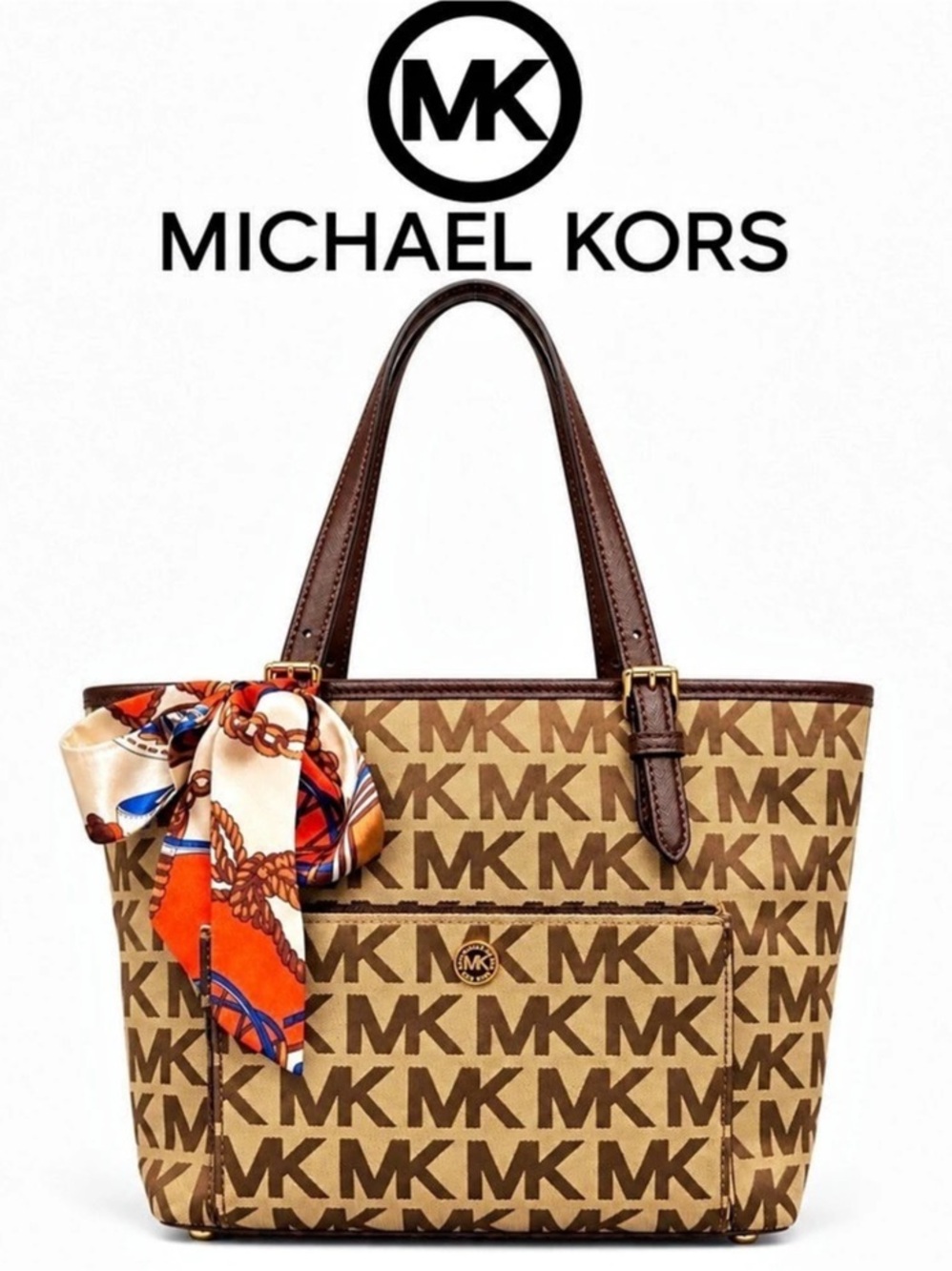 Michael Kors Jet Set Tote in Brown Monogram Jacquard Pocket
